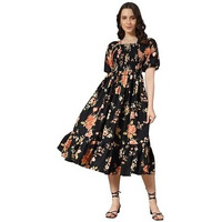 KZULLY Women's Crepe A-Line Midi Dress (1001-Gold-Flower-Black-XXL_Gold