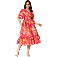 KZULLY Women's Rayon Smocked Midi Dress (6001-Orange-Pink-XXL_Orange-Pink_2XL)