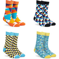 DYNAMOCKS Men's and Women's Combed Cotton Crew Length Socks (Pack of 4) (Pizzazz + Cube + Sprinkles + Prism, Multicolour, Free Size)