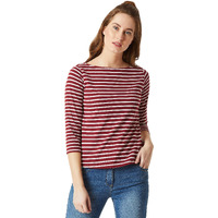 Miss Chase Women's Maroon & White Boat Neck 3/4th Sleeves Regular Basic Cotton Striped Top (MCAW18TP11-95-139-05, Maroon and White, Large)