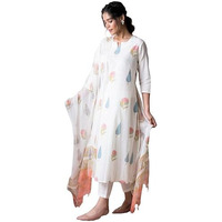 ANNI DESIGNER Women's Cotton Blend Straight Printed Kurta with Pant & Dupatta (Nairiti White_XXL_White_XX-Large)
