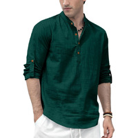 Zombom Men's Solid Cotton Blend Straight Kurta Shirt, Regular Fit Full Sleeve Short Kurta Shirt Green