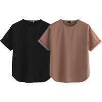 JUNEBERRY Pure 100% Cotton Oversized Loose Baggy Fit Round Neck with Drop Shoulder Black & Cork Half Sleeves Boyfriend T-Shirt for Women & Girls (PO2_BF_44BK_46CR_S)
