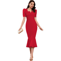 SATPURUSH Women's Lycra Blend Sweet-Heart Neck Puff Sleeve Fit and Flared Calf Length Casual Bodycon Dress for Party, Office, Meetings Etc. (Red, L)