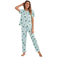 SMOWKLY Printed Round Neck Short Sleeve Nightsuit Set | Pajama Set | Night Dress for Women (1026_SKBL_XXL) Sky Blue