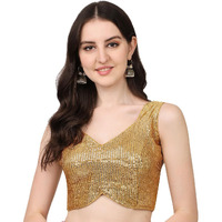 Vihu Fashion Women's Multicolor Sweetheart Neck Georgette Line Soft Sequence Zari Work Sleeves Readymade Saree Blouse (Gold, 32)