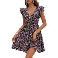 GRECIILOOKS Western Dress for Women| Floral Print Wrap V Neck Dress| Ruffle Sleeve Western Dress| Mini Summer Short Dress| Dress for Vacation| Outdoor Wear Dress (Small, Multicolor)