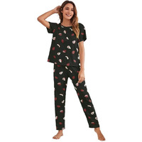 SMOWKLY Printed Round Neck Short Sleeve Nightsuit Set | Pajama Set | Night Dress for Women (1641_BK_L) Dark Black
