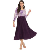 KZULLY Women's Knee-Length A-Line Dress with Pleats, Has an Square Neck, Printed Top Comes with A Belt Purple