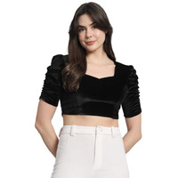 Vaararo Velvet Blouse Tops for Women | Party Puff Sleeves Readymade Outfit Black Large