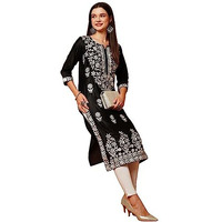 ANNI DESIGNER Women's Cotton Blend Casual Style Straight Chikankari Embroidered Kurta (Victoria Black_2XL_Black_2XL)