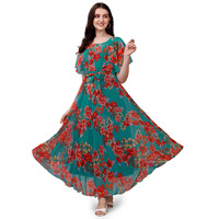 Fashion2wear Women's Georgette Digital Floral Printed Full-Length Fit & Flare Long Gown Dress | Short Sleeve | Dress for Women (XX-Large | Sky | Flower | Sky_Flower_XXL)