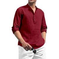 Zombom Cotton Blend Solid Casual Regular Fit Mandarin/Chinese Collor Short Kurta for Men Maroon