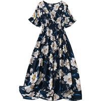 Shasmi Womens & Girls N Blue Floral Print V-Neck Waist-Cinched Dress for Women Midi | One Piece Dress for Women | Beach Dress for Women (Dress 134 N Blue-2XL)