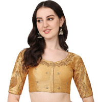 Pujia Mills Women's Phantom Silk Embroidery Handwork & Sequin Work Peacock Design Half Sleeve Readymade Blouse (Mor Blouse_Gold_38 Size+Margin)