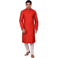 Manyavar Men's Full Sleeve Blended Kurta & Churidar Set, Red - X-Large (S952521-329-XL-Red)