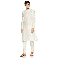 Manyavar Men's Blended Kurta & Churidar Set, Off-White - Small (S952136-340)