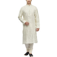 Manyavar Men's Blended Kurta & Churidar Set, Off-White - Small (S952276-302)