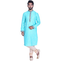 Manyavar Men's Regular Fit Blended Kurta & Churidar Set, Turquoise - Medium (S952693-333)