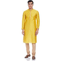Manyavar Men's Regular Fit Kurta & Churidar Set, Yellow - Medium (SDES298-324)