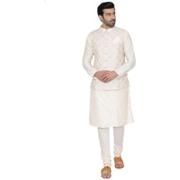 Manyavar Men's Silk Kurta Pyjama with Waist Coat (JAST072_Off-White_Small)