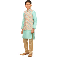 Manyavar Boys Kurta Jacket Churidar Set, Mandarrin Collar with Side Button Closure, Blended Silk Full Sleeve Kurta Jacket Churidar Set for Kids, (Beige) (12 Years-13 Years)