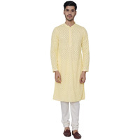 Manyavar Sophisticated SelfDesign Kurta and Churidar Set For Men - (Lemon Yellow, X-Large)