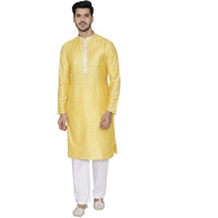 Manyavar Self Design Knee Long Full Sleeves Kurta and Churidar Set For Men - (Yellow, X-Large)