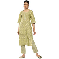 Libas Green Printed Silk Blend Straight Kurta With Trousers