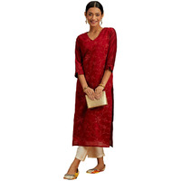 Libas Women's Chanderi Silk Embroidered Straight Kurta (58010_Red