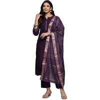 Libas Purple Solid Silk Blend Straight Kurta With Trousers & Dupatta