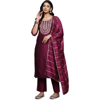 Libas Wine Yoke Design Silk Blend Straight Kurta With Trousers & Dupatta