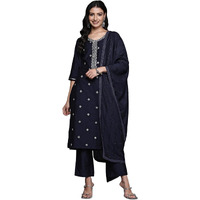 Libas Blue Yoke Design Silk Blend Straight Kurta With Trousers & Dupatta