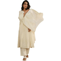 Libas Off White Embroidered Cotton A-Line Kurta With Trousers & Dupatta