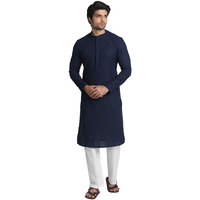 Manyavar Elegant Embroidered Full Sleeves Kurta and Churidar Set for Men - (Blue, Medium)
