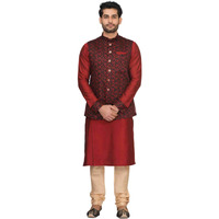Manyavar Men's Art Silk Other Kurta Pyjama with Waist Coat (JAST148-307_Maroon_Medium)