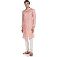 Manyavar Embroidered Design Knee Long Full Sleeves Kurta and Churidar Set For Men - (Pink, Large)