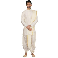 Manyavar Elegant Solid Plain Kurta and Dhoti Set For Men - (White, Large)