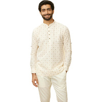 Manyavar Printed Casual Full Sleeves Short Kurta for Men - (Beige, Medium)