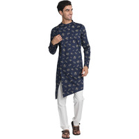 Manyavar Printed Knee Long Kurta for Men - (Blue, Large)