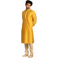 Manyavar Kurta Set for Men, Full Sleeves Mandarin Collar Ethnic Men's Kurta Set For Engagement, Wedding, Party Art Silk Solid (Mustard, XL)