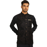Manyavar Kurta Jacket Pencil Pant Set, Blended Rayon Full Sleeves Mandarin Collar Printed Ethnic Wear for Men (Blue, XL)