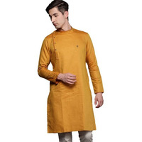 Manyavar Men's Kurta, Full Sleeves Mandarin Collar Ethnic Knee Length Kurta Only, Kurta for Festival, Wedding, Party & Anniversary, Blended Cotton (Mustard, L)