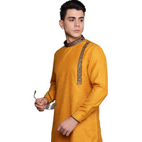 Manyavar Mens Kurta Only, Ethnic Kurta for Men, Full Sleeves Mandarin Collar Self Designed Blended Viscose Light Orange Kurta (L)