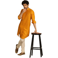 Manyavar Kurta Only, Blended Viscose Full Sleeves Mandarin Collar Self Design Ethnic Wear for Men (Light Orange, L)