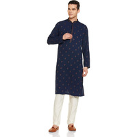Manyavar Blue Art Silk Embroidered Casual Kurta Set for Men