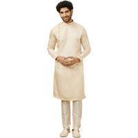Manyavar Men's Satin Solid Full Sleeves Casual,Traditional Kurta & Payjama Set (Beige, M)