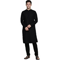 Manyavar Kurta Set for Men, Full Sleeves Mandarin Collar Ethnic Men's Kurta Set For Engagement, Wedding, Party Blended Cotton Self Design (Black, L)
