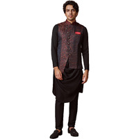 Manyavar Kurta Jacket Set for Men, Full Sleeves Mandarin Collar Ethnic Kurta Jacket Set for Festival, Wedding, Party Blended Rayon (Black, M)