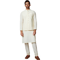 Manyavar Kurta Jacket Set for Men, Full Sleeves Mandarin Collar Ethnic Kurta Jacket Set for Festival, Wedding, Party Blended Cotton (Off White, XL)